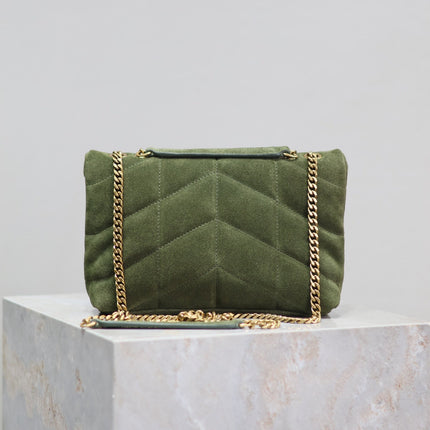 YSL 25S LOULOU PUFFER MINI 23 IN GREEN SUEDE GOLD HARDWARE