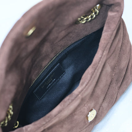 YSL 25S LOULOU PUFFER MINI 23 IN DARK BROWN SUEDE GOLD HARDWARE