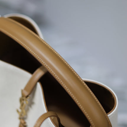 YSL 25S LE 5 À 7 BUCKET 26 IN CREAM BROWN CALFSKIN AND CANVAS GOLD HARDWARE