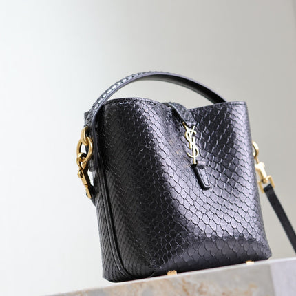 YSL 25S LE 37 BUCKET 15 IN BLACK SNAKE EMBOSSED CALFSKIN GOLD HARDWARE