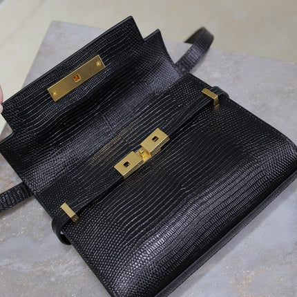 YSL 25S MINI MANHATTAN 19 IN BLACK SHINY CROCODILE CALFSKIN GOLD HARDWARE