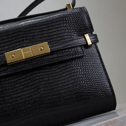 YSL 25S MINI MANHATTAN 19 IN BLACK SHINY CROCODILE CALFSKIN GOLD HARDWARE