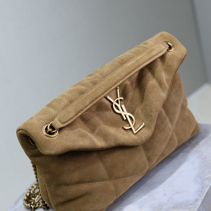 YSL 25S LOULOU PUFFER MM 29 IN TAN BROWN SUEDE GOLD HARDWARE