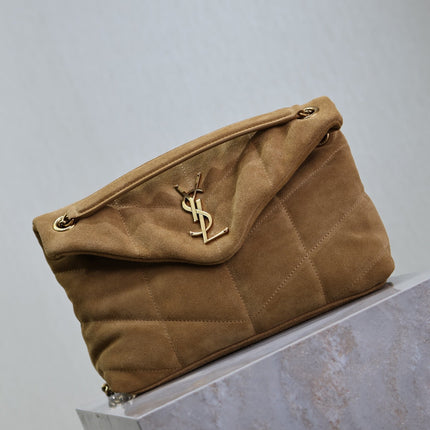 YSL 25S LOULOU PUFFER MM 29 IN TAN BROWN SUEDE GOLD HARDWARE