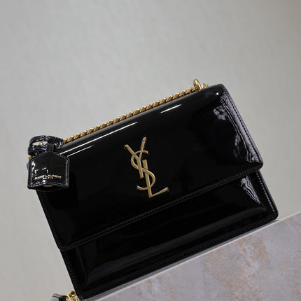 YSL 25S SUNSET MEDIUM 22 IN BLACK SHINY CALFSKIN GOLD HARDWARE