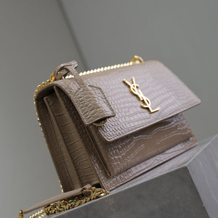 YSL 25S SUNSET MEDIUM 22 IN NUDE CROCODILE-EMBOSSED SHINY CALFSKIN GOLD HARDWARE