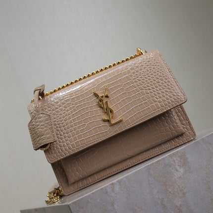 YSL 25S SUNSET MEDIUM 22 IN NUDE CROCODILE-EMBOSSED SHINY CALFSKIN GOLD HARDWARE