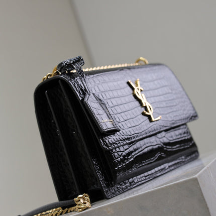 YSL 25S SUNSET MEDIUM 22 IN BLACK CROCODILE-EMBOSSED SHINY CALFSKIN GOLD HARDWARE