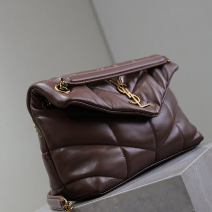 YSL 25S LOULOU PUFFER MM 29 IN DARK BROWN CALFSKIN GOLD HARDWARE