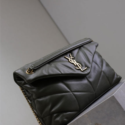 YSL 25S LOULOU PUFFER GM 35 IN DARK OLIVE CALFSKIN GOLD HARDWARE