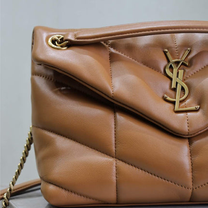 YSL 25S LOULOU PUFFER MM 29 IN CARAMEL CALFSKIN GOLD HARDWARE