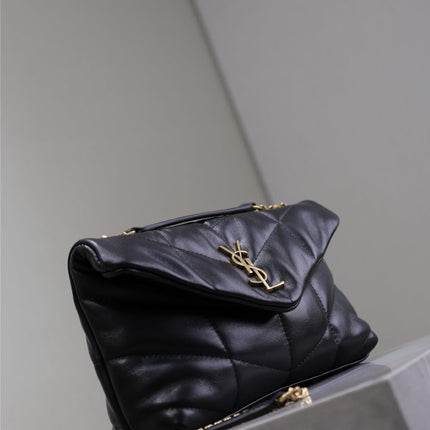 YSL 25S LOULOU PUFFER MINI 23 IN BLACK CALFSKIN GOLD HARDWARE