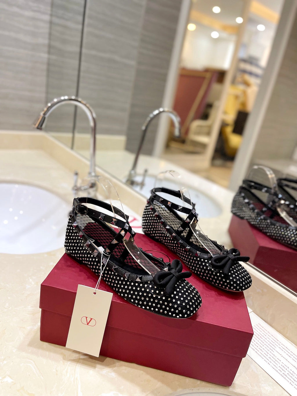 VALENTINO 26S BALLET FLATS IN BLACK CRYSTAL-EMBELLISHED MESH