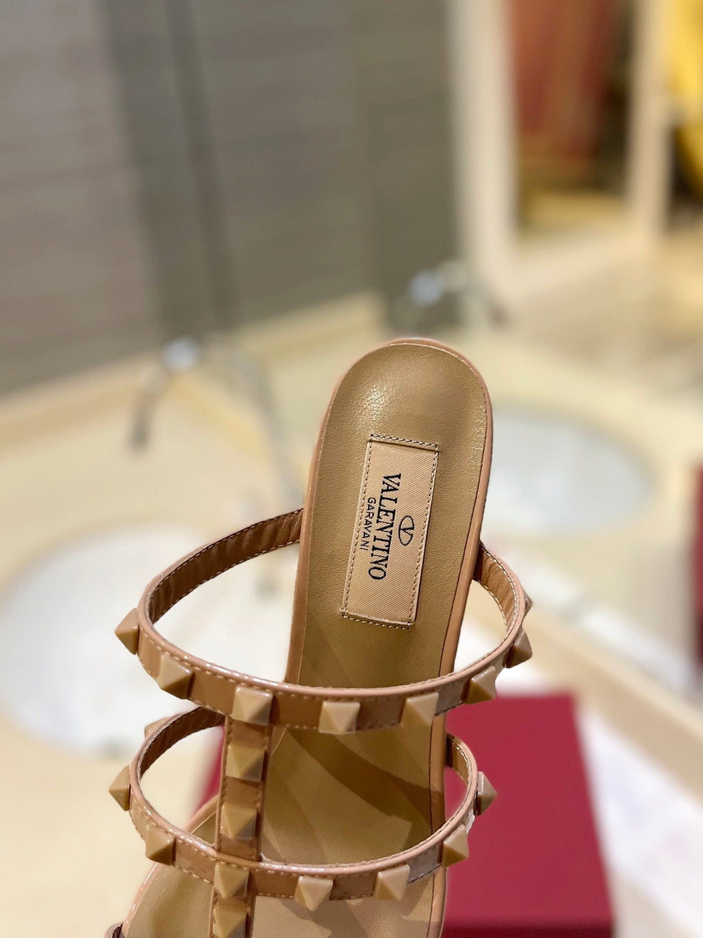 VALENTINO 26S ROCKSTUD CAGED HEELED SANDALS 60 MM IN NUDE PATENT CALFSKIN