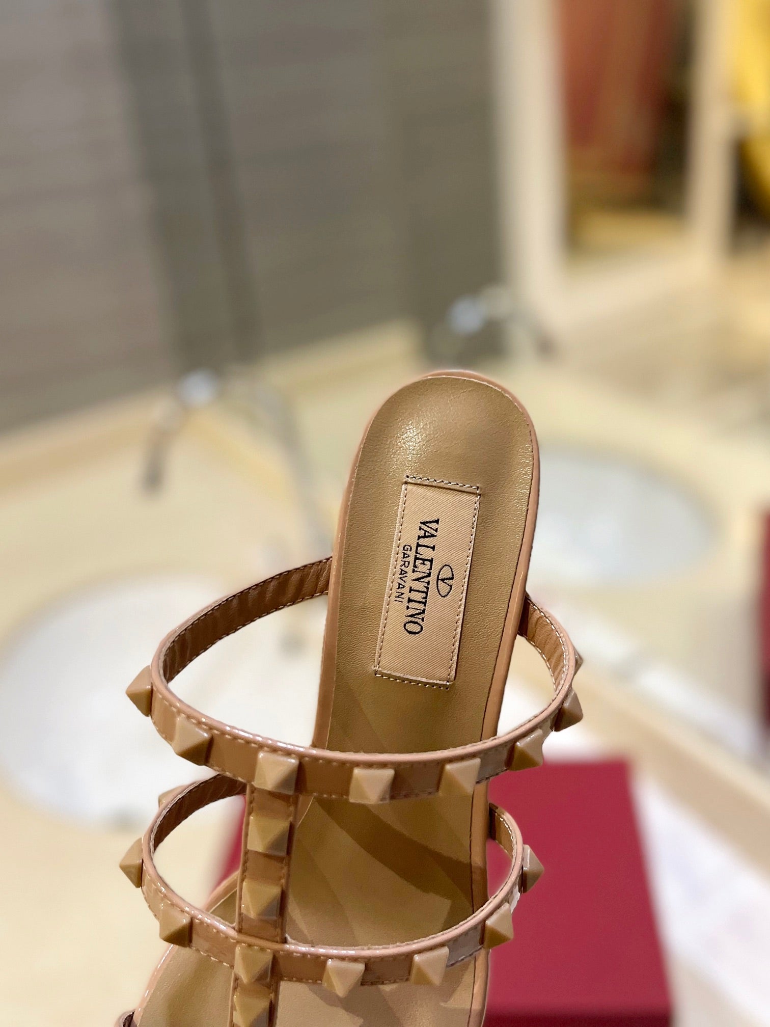 VALENTINO 26S ROCKSTUD CAGED HEELED SANDALS 60 MM IN NUDE PATENT CALFSKIN