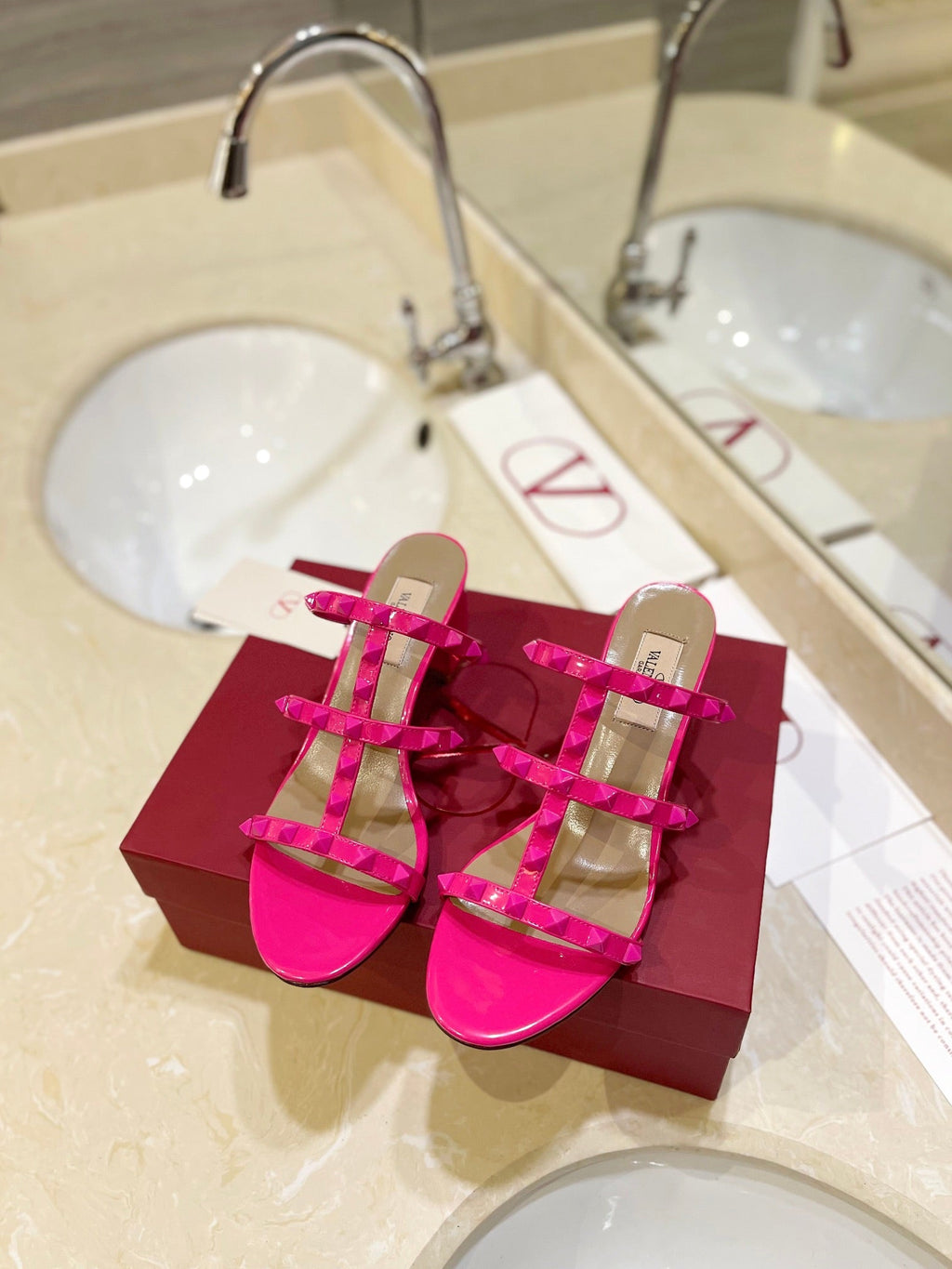 VALENTINO 26S ROCKSTUD CAGED HEELED SANDALS 60 MM IN PINK CALFSKIN
