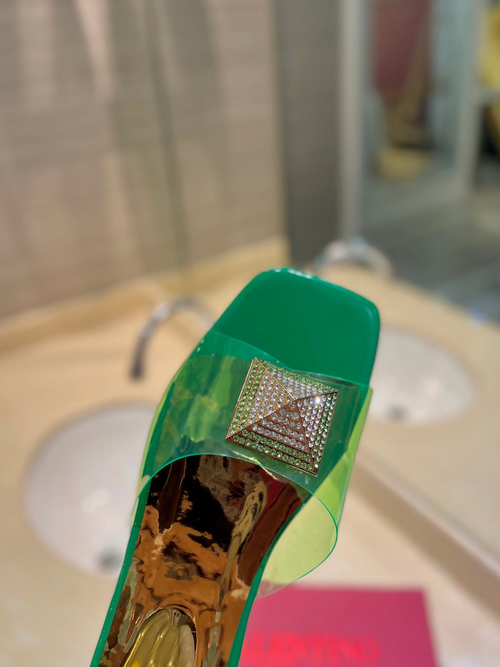 VALENTINO 26S FLAT SLIDES IN GREEN MIX GOLD LAMBSKIN WITH CRYSTAL