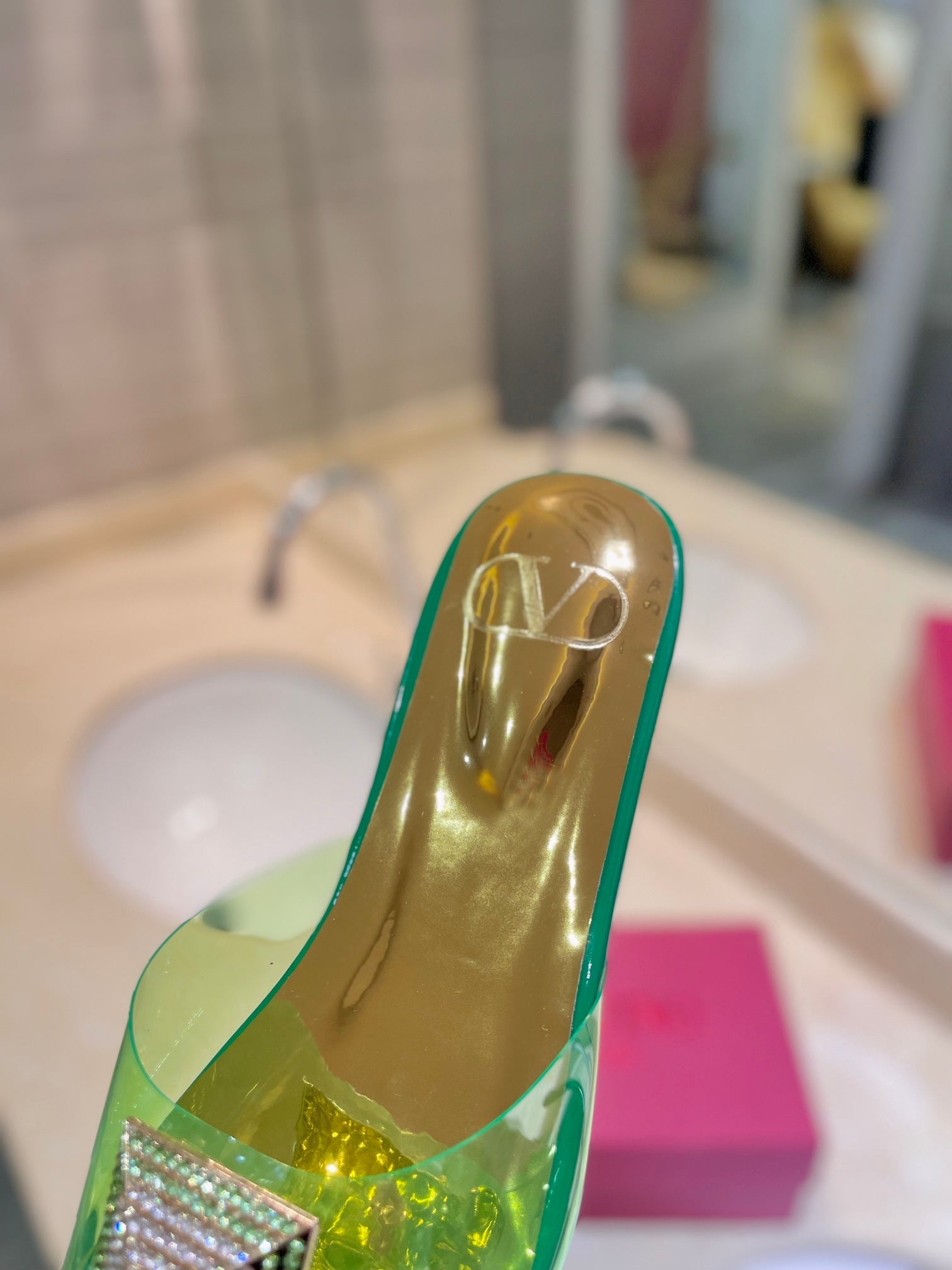 VALENTINO 26S FLAT SLIDES IN GREEN MIX GOLD LAMBSKIN WITH CRYSTAL