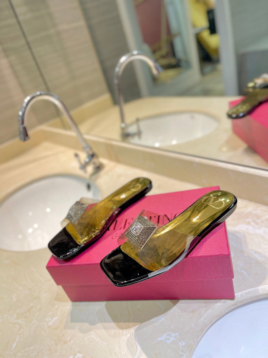 VALENTINO 26S FLAT SLIDES IN BLACK MIX GOLD LAMBSKIN WITH CRYSTAL