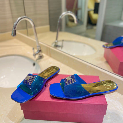 VALENTINO 26S FLAT SLIDES IN BLUE MIX GOLD LAMBSKIN WITH CRYSTAL