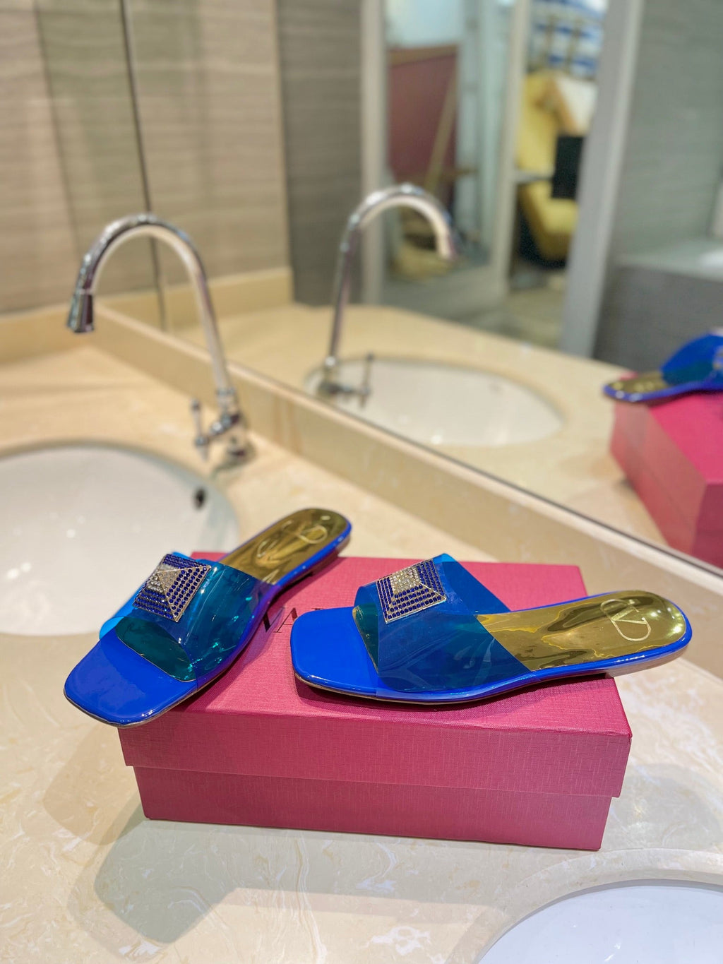 VALENTINO 26S FLAT SLIDES IN BLUE MIX GOLD LAMBSKIN WITH CRYSTAL