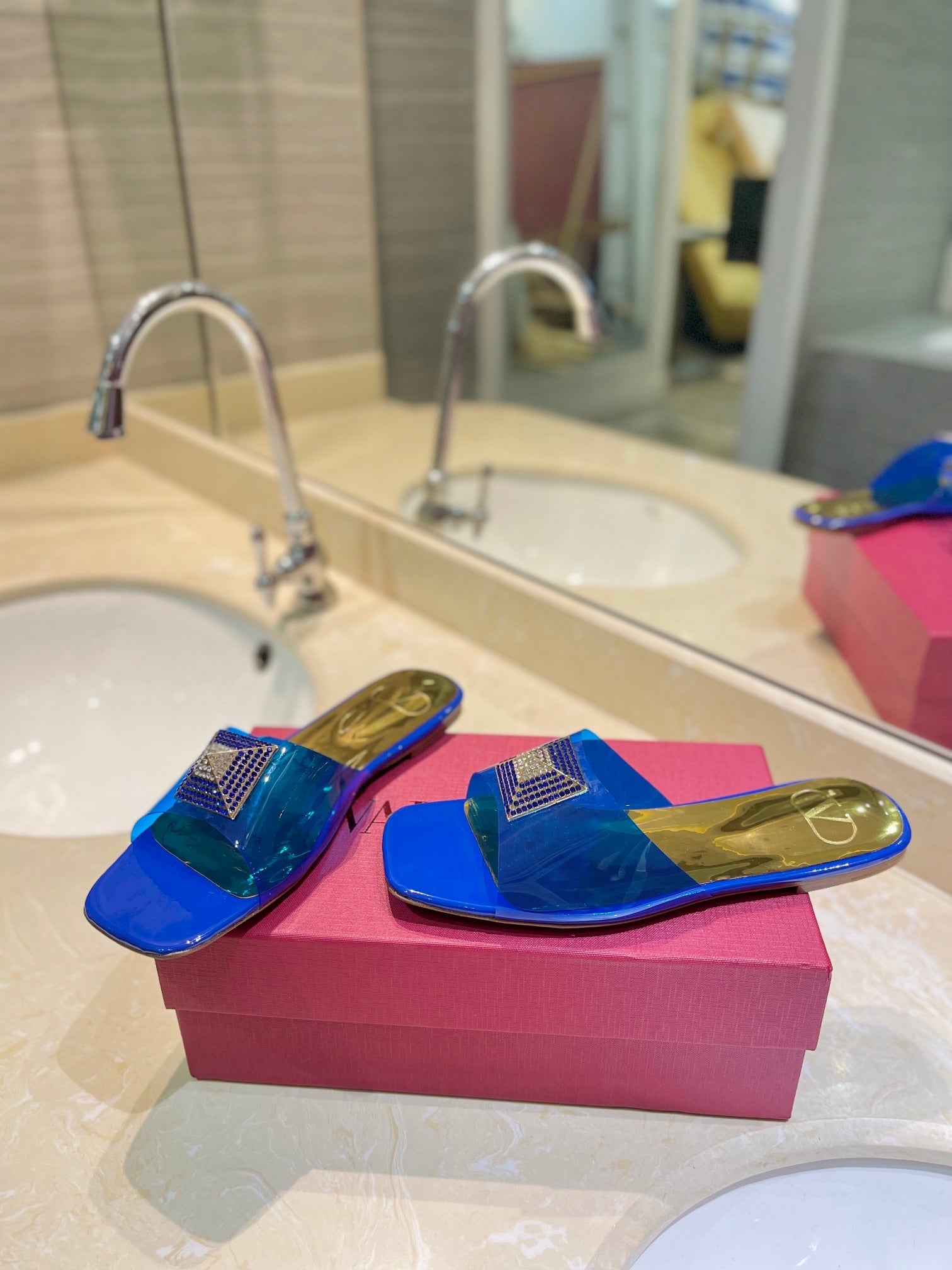 VALENTINO 26S FLAT SLIDES IN BLUE MIX GOLD LAMBSKIN WITH CRYSTAL