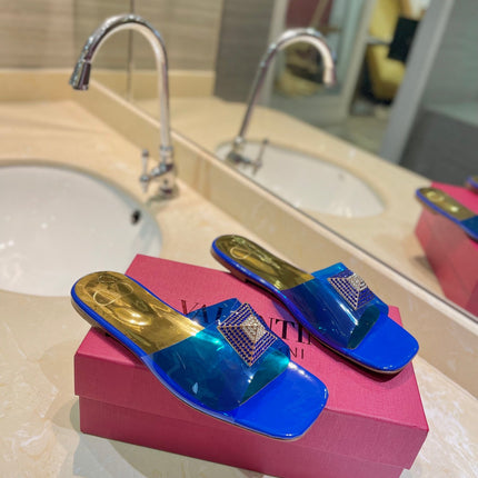 VALENTINO 26S FLAT SLIDES IN BLUE MIX GOLD LAMBSKIN WITH CRYSTAL