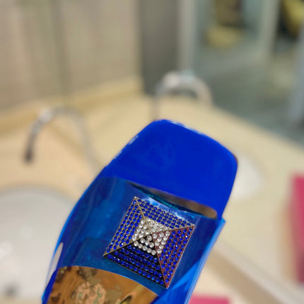 VALENTINO 26S FLAT SLIDES IN BLUE MIX GOLD LAMBSKIN WITH CRYSTAL