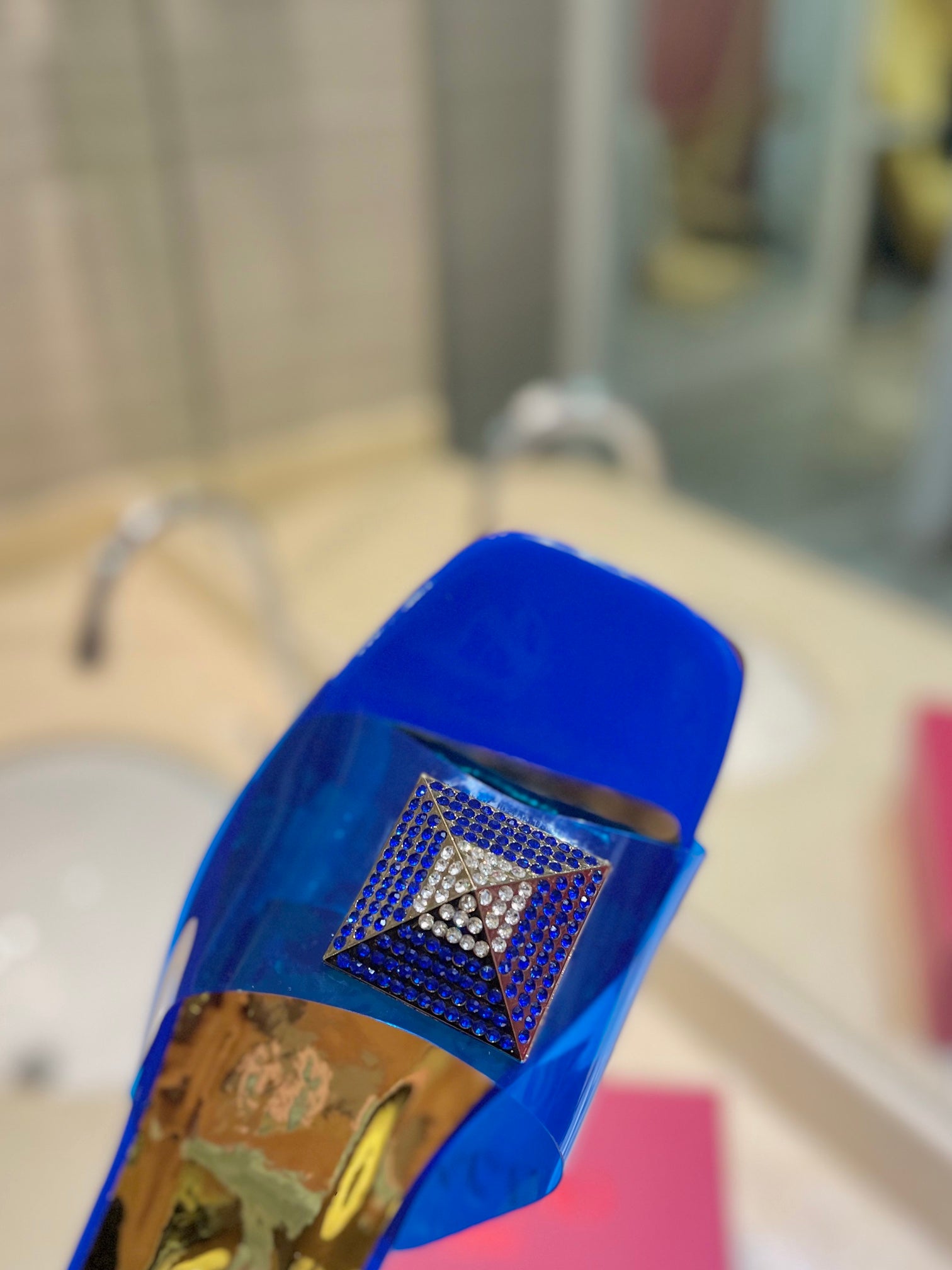 VALENTINO 26S FLAT SLIDES IN BLUE MIX GOLD LAMBSKIN WITH CRYSTAL