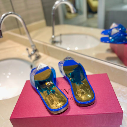 VALENTINO 26S FLAT SLIDES IN BLUE MIX GOLD LAMBSKIN WITH CRYSTAL
