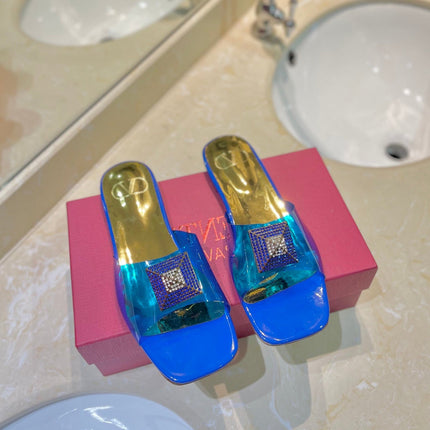 VALENTINO 26S FLAT SLIDES IN BLUE MIX GOLD LAMBSKIN WITH CRYSTAL