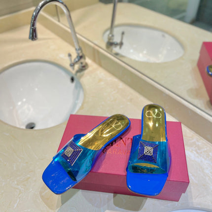 VALENTINO 26S FLAT SLIDES IN BLUE MIX GOLD LAMBSKIN WITH CRYSTAL