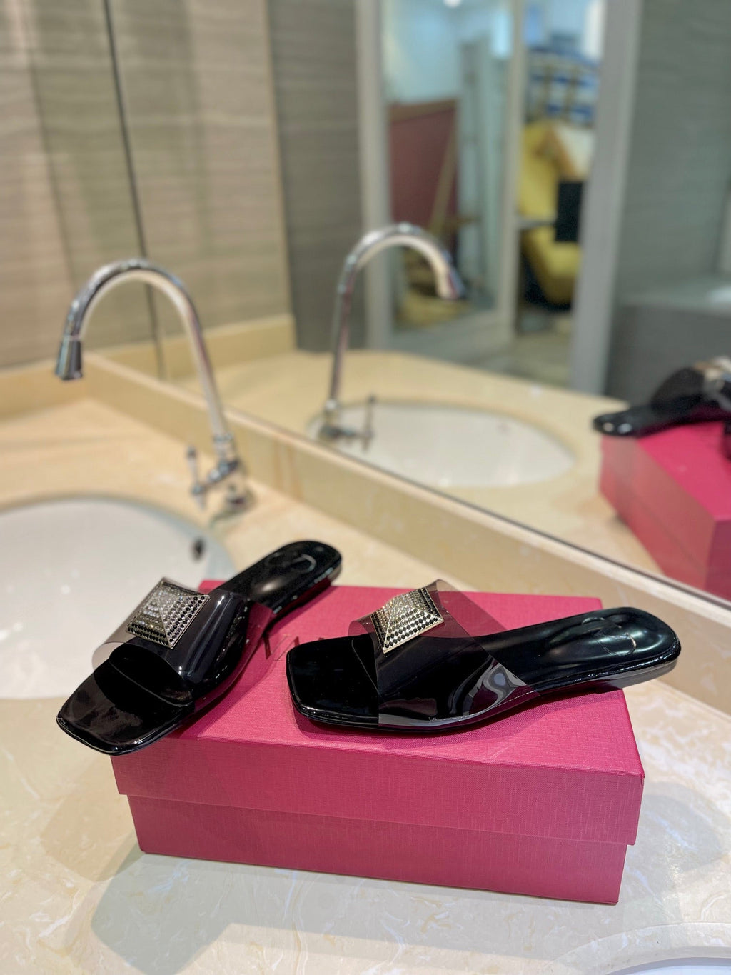 VALENTINO 26S FLAT SLIDES IN BLACK LAMBSKIN WITH CRYSTAL STYLE 1