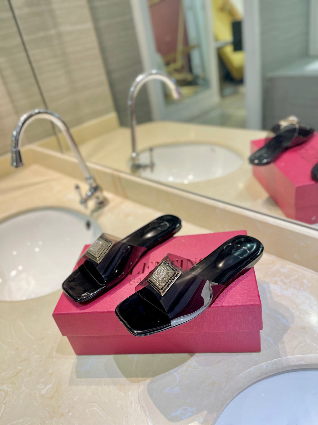 VALENTINO 26S FLAT SLIDES IN BLACK LAMBSKIN WITH CRYSTAL STYLE 1