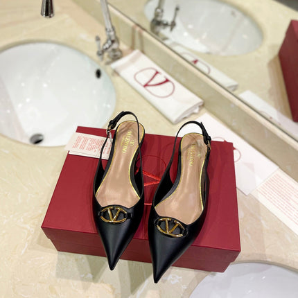 VALENTINO 26S POINTED TOE FLAT SLINGBACKS IN BLACK CALFSKIN