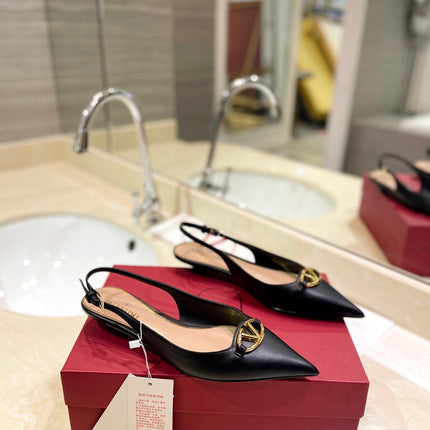 VALENTINO 26S POINTED TOE FLAT SLINGBACKS IN BLACK CALFSKIN