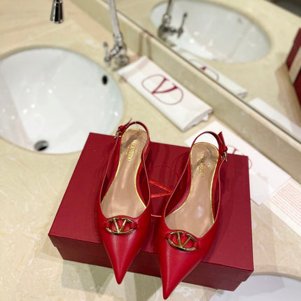 VALENTINO 26S POINTED TOE FLAT SLINGBACKS IN RED CALFSKIN