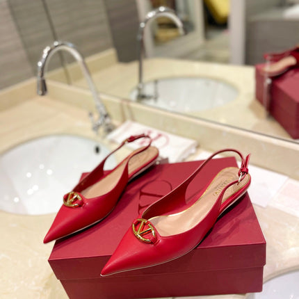 VALENTINO 26S POINTED TOE FLAT SLINGBACKS IN RED CALFSKIN