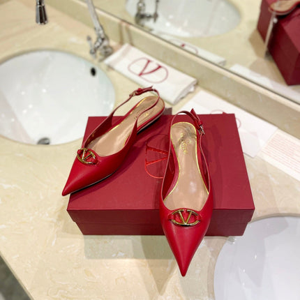 VALENTINO 26S POINTED TOE FLAT SLINGBACKS IN RED CALFSKIN