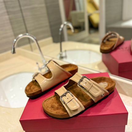 VALENTINO 26S FOOTBED SANDALS IN BEIGE GLOSSY LEATHER MIX BROWN SUEDE