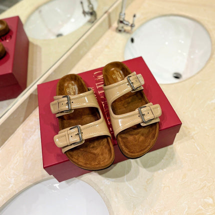 VALENTINO 26S FOOTBED SANDALS IN BEIGE GLOSSY LEATHER MIX BROWN SUEDE