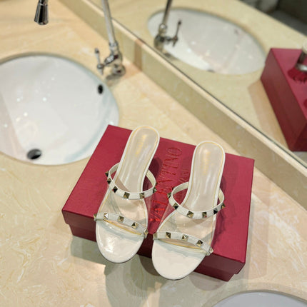 ROCKSTUD MULE SANDALS IN WHITE CALFSKIN AND TRANSPARENT PVC FILM
