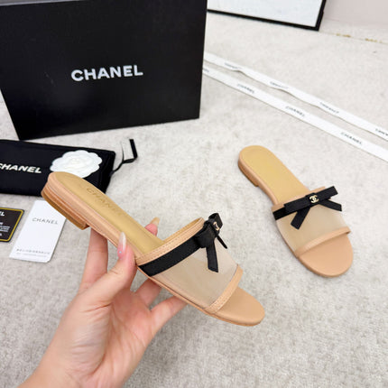 CHANEL 26S SLIDE SANDALS IN BEIGE MESH AND CALFSKIN WITH BLACK RIBBON