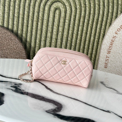 CHANEL 26S CLASSIC QUILTED COSMETIC POUCH 18 IN LIGHT PINK GRAINED CALFSKIN GOLD HARDWARE