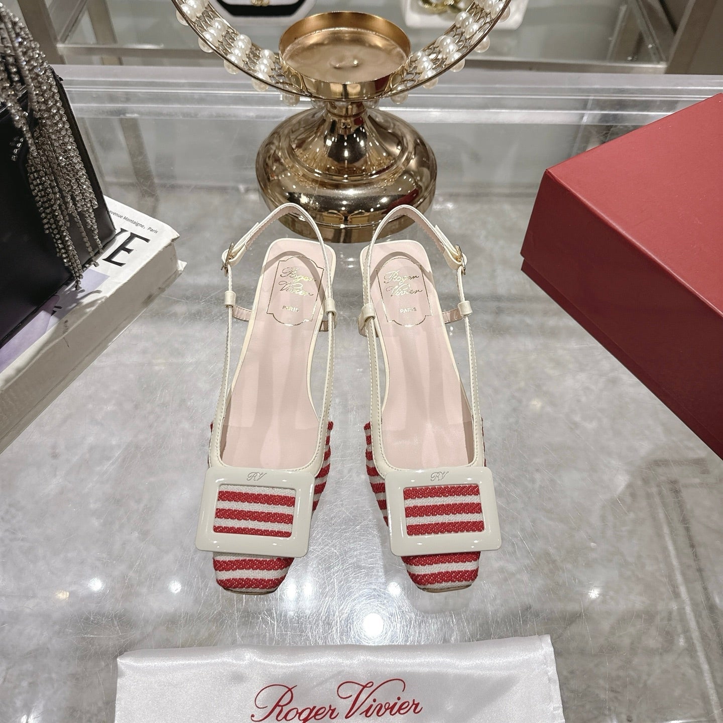 ROGER VIVIER 25S VIVIER SLINGBACK 45MM IN RED PLAID PATTERN CANVAS