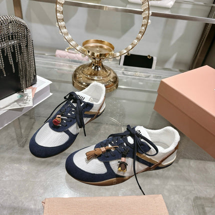 MIUMIU 26S LACE UP SNEAKERS IN NAVY BLUE SUEDE WHITE FABRIC CHARM DETAIL