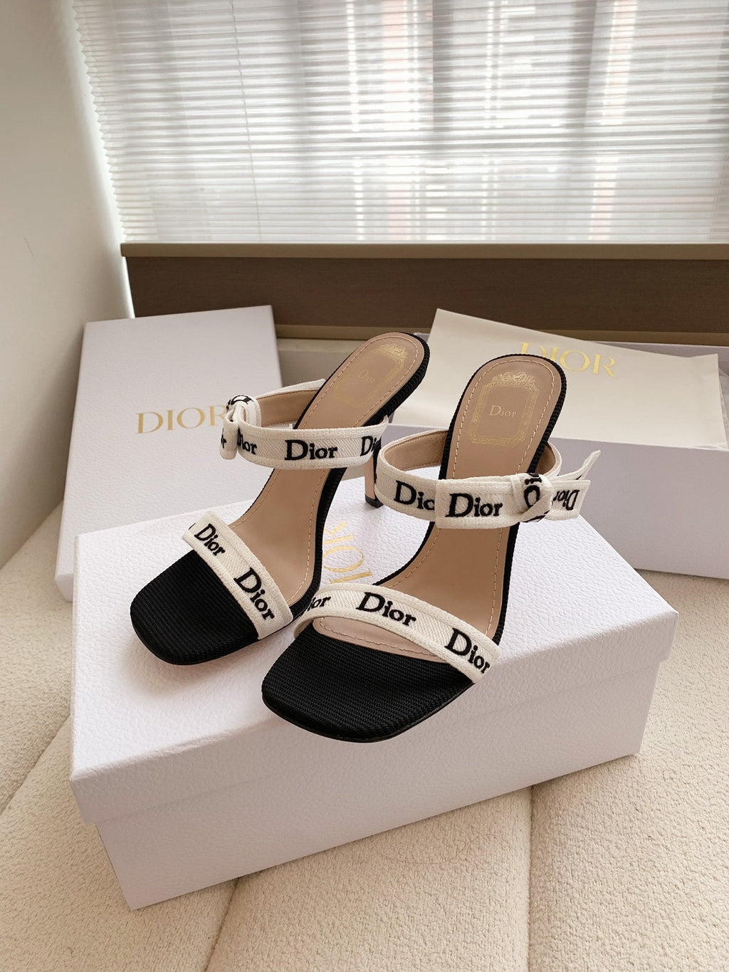 DIOR HEELED SANDALS 100MM WITH J'ADIOR STRAPS IN BLACK CALFSKIN