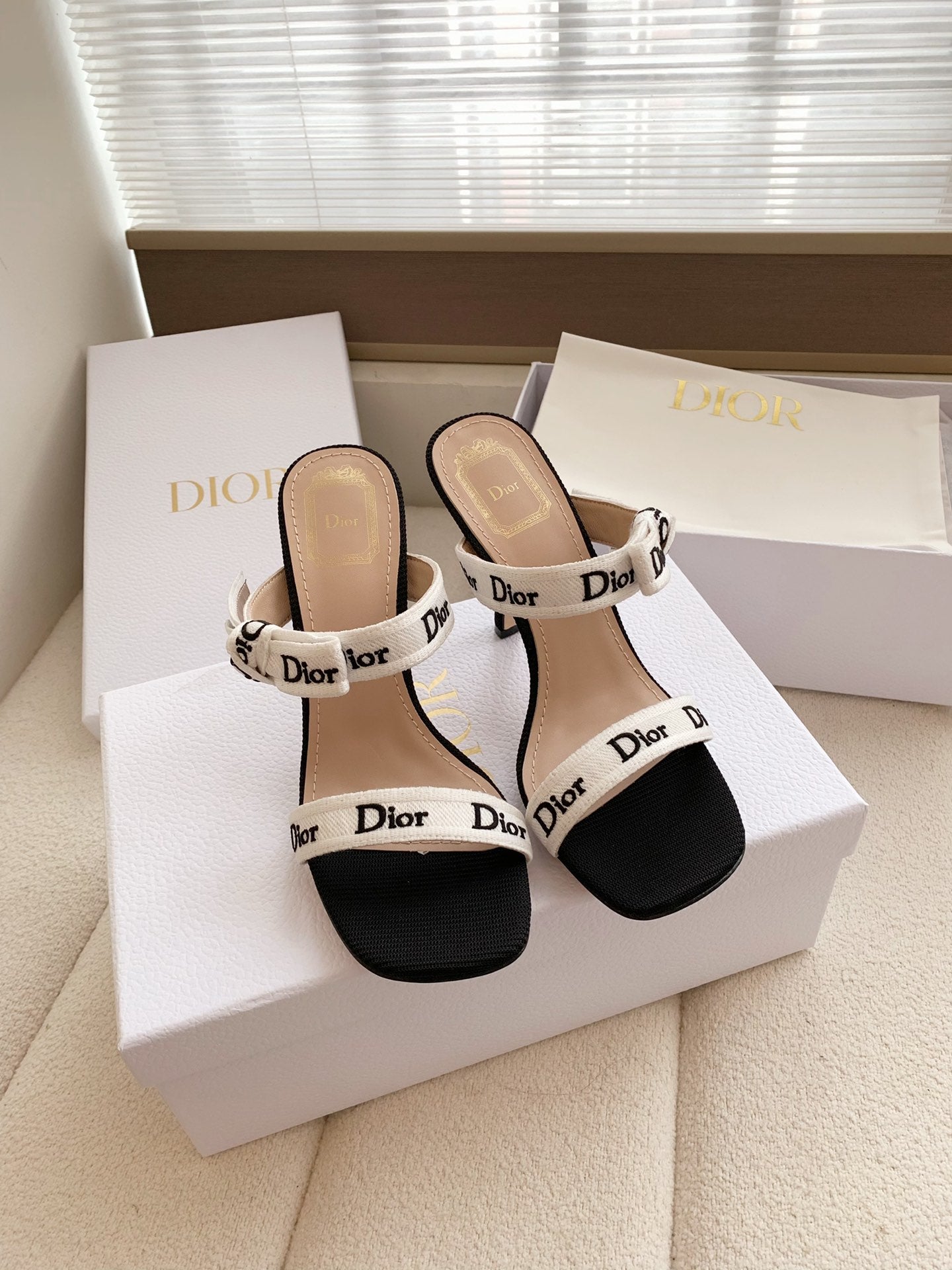 DIOR HEELED SANDALS 100MM WITH J'ADIOR STRAPS IN BLACK CALFSKIN