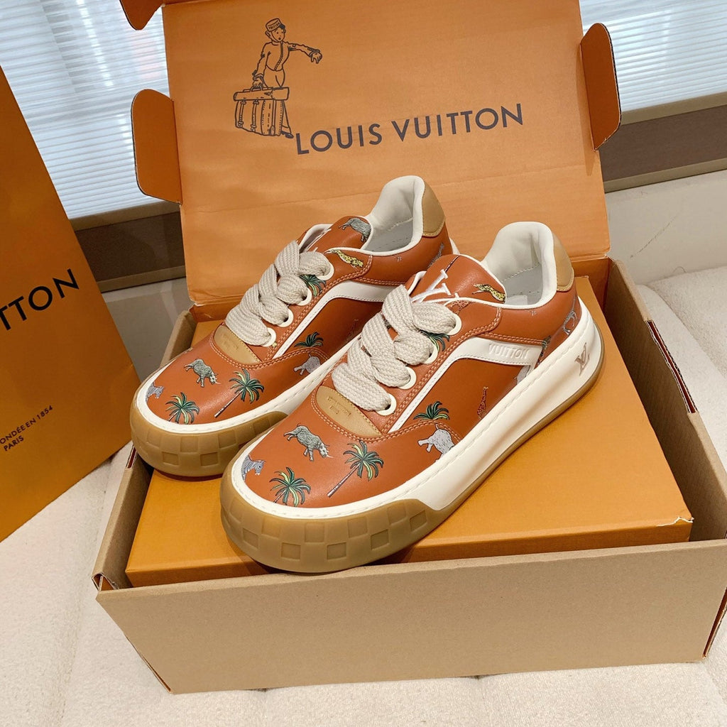 LV 26S TILTED SNEAKERS IN COGNAC ORANGE CALFSKIN SAFARI PRINT