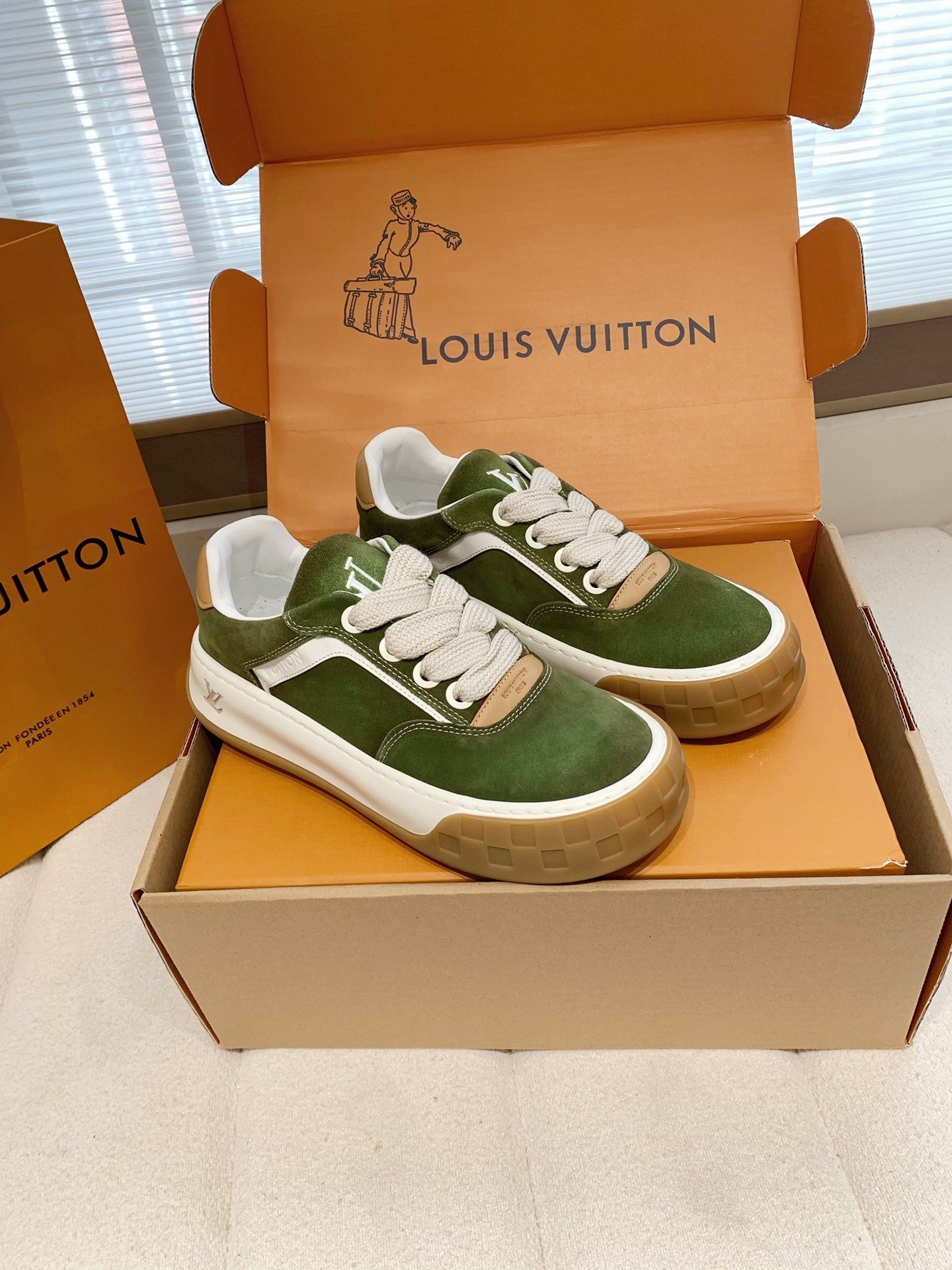 LV 26S TILTED SNEAKERS IN OLIVE GREEN SUEDE